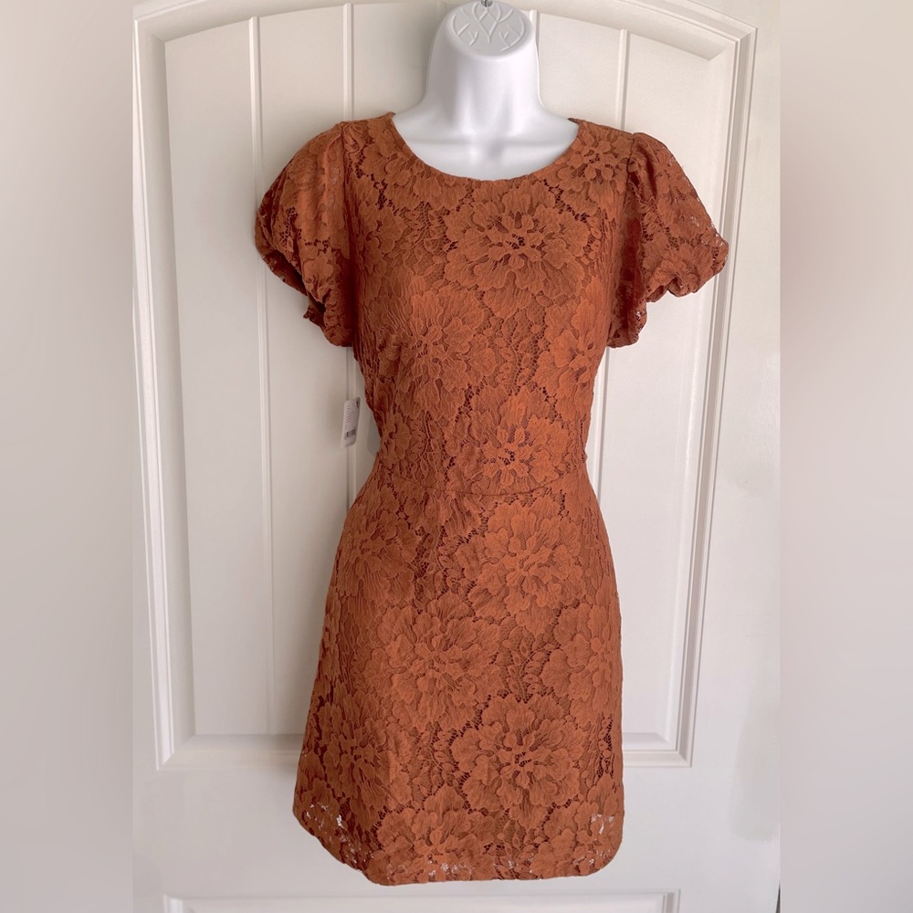 Free People Pretty Penny Burnt Orange Soft Lace Puff Sleeve Mini Dress Sz Small